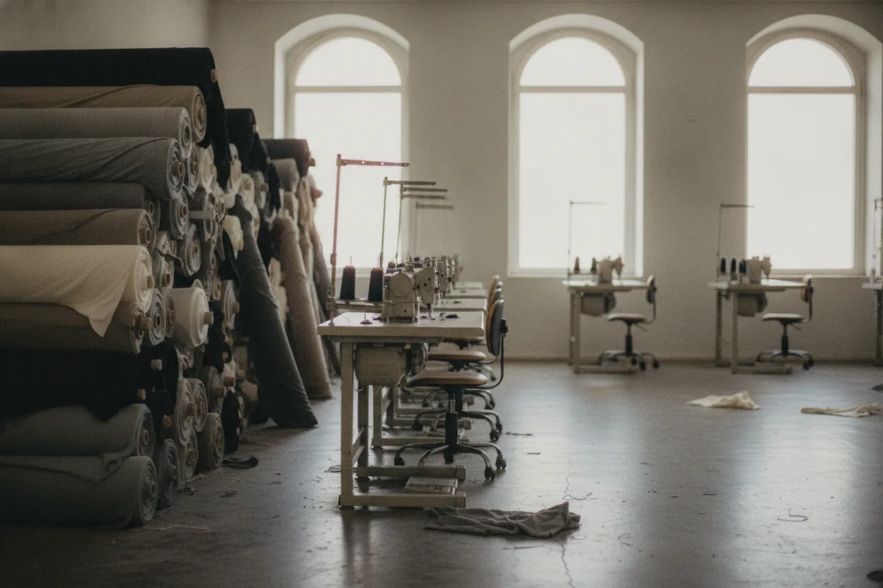 The making floor of the Guimarães atelier: sewing machines in a row and stacked bolts of cotton jersey