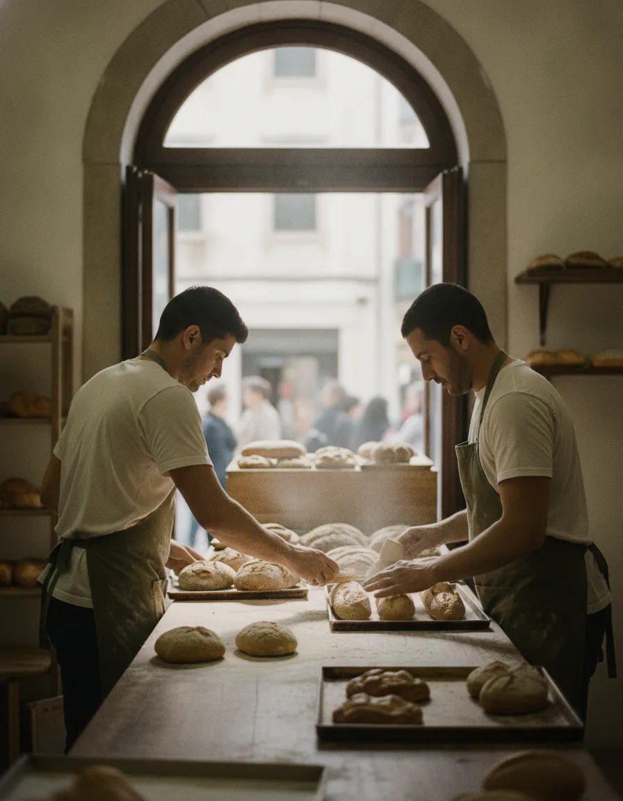 Bakery staff in ecru tees and aprons, morning service