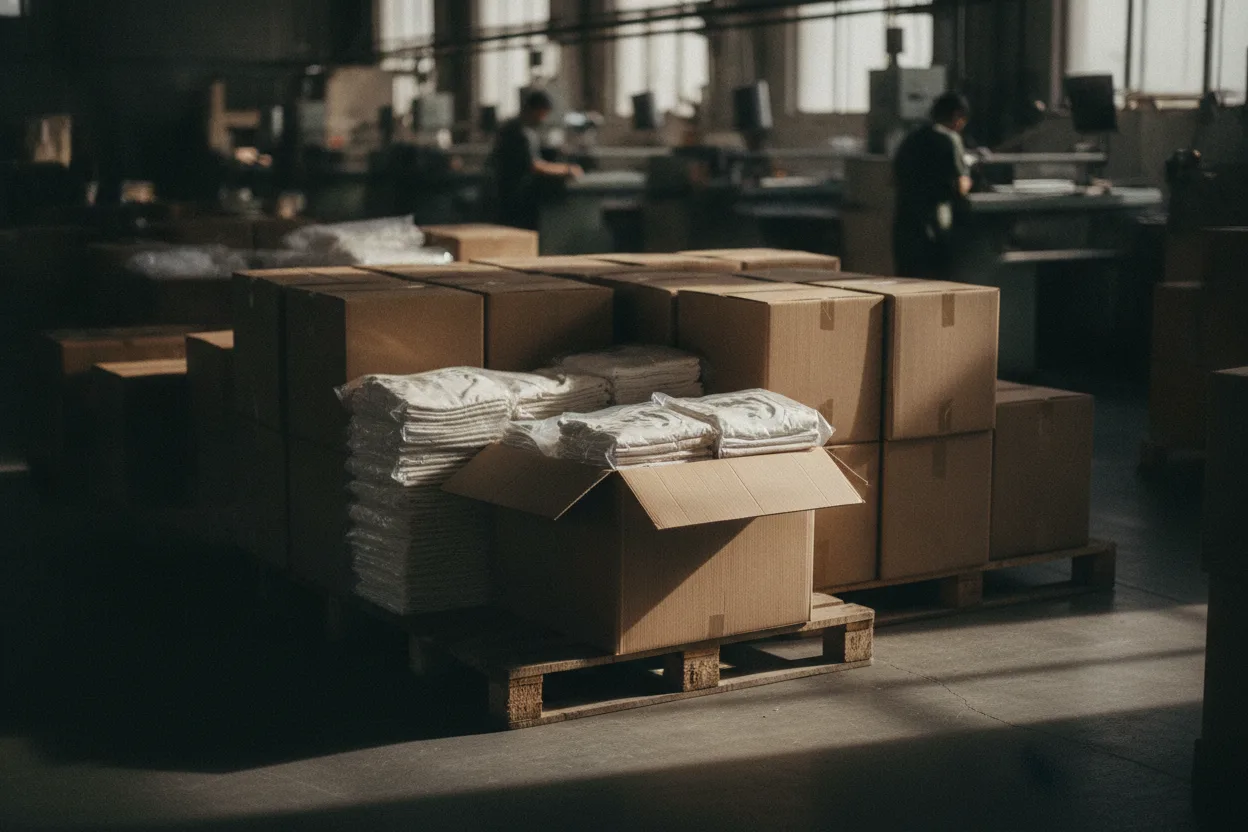Sealed cartons stacked on a pallet, one open showing folded ecru cotton tees in clear bags