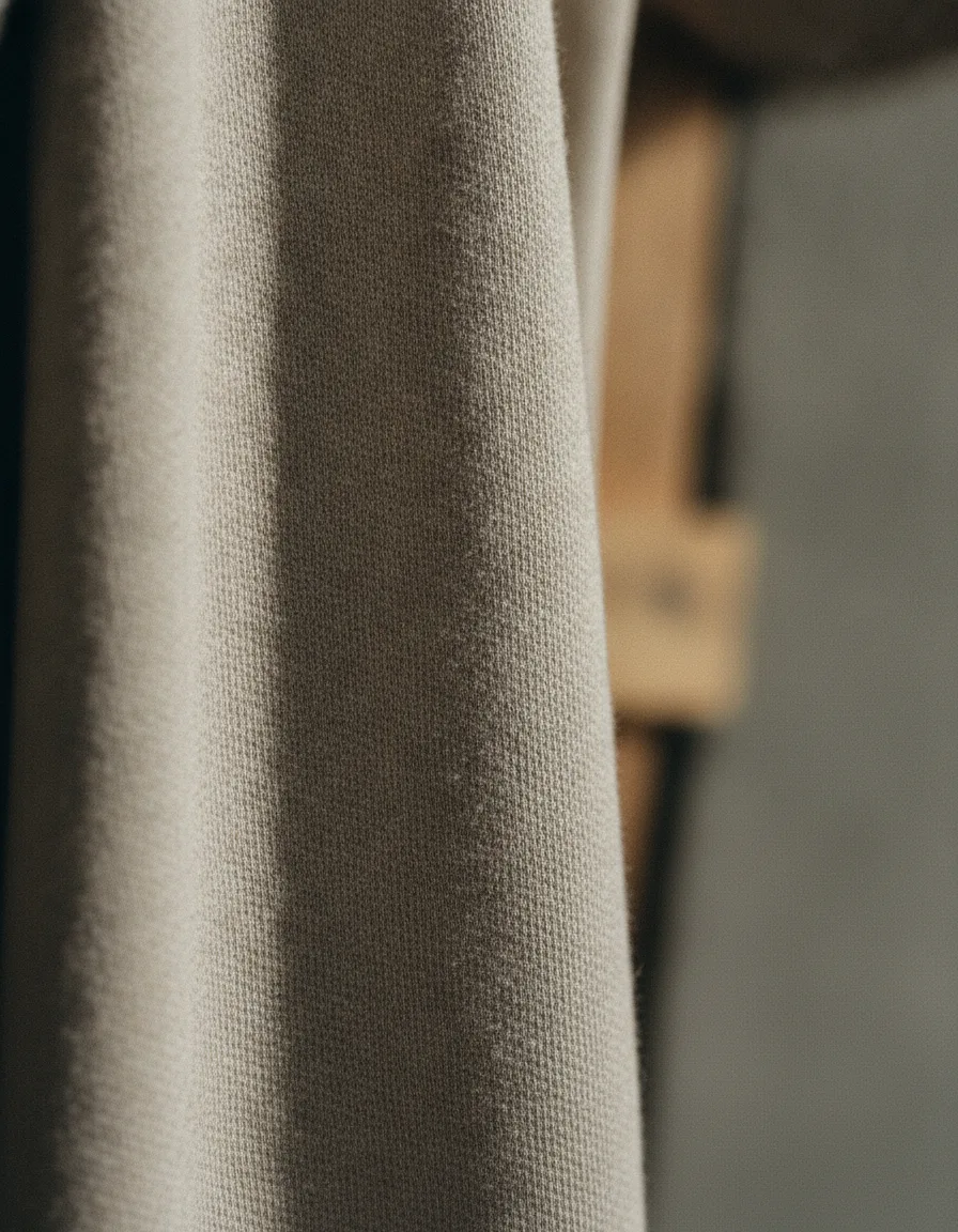 Macro of heavyweight ring-spun cotton jersey in raw ecru, loop structure lit from the side