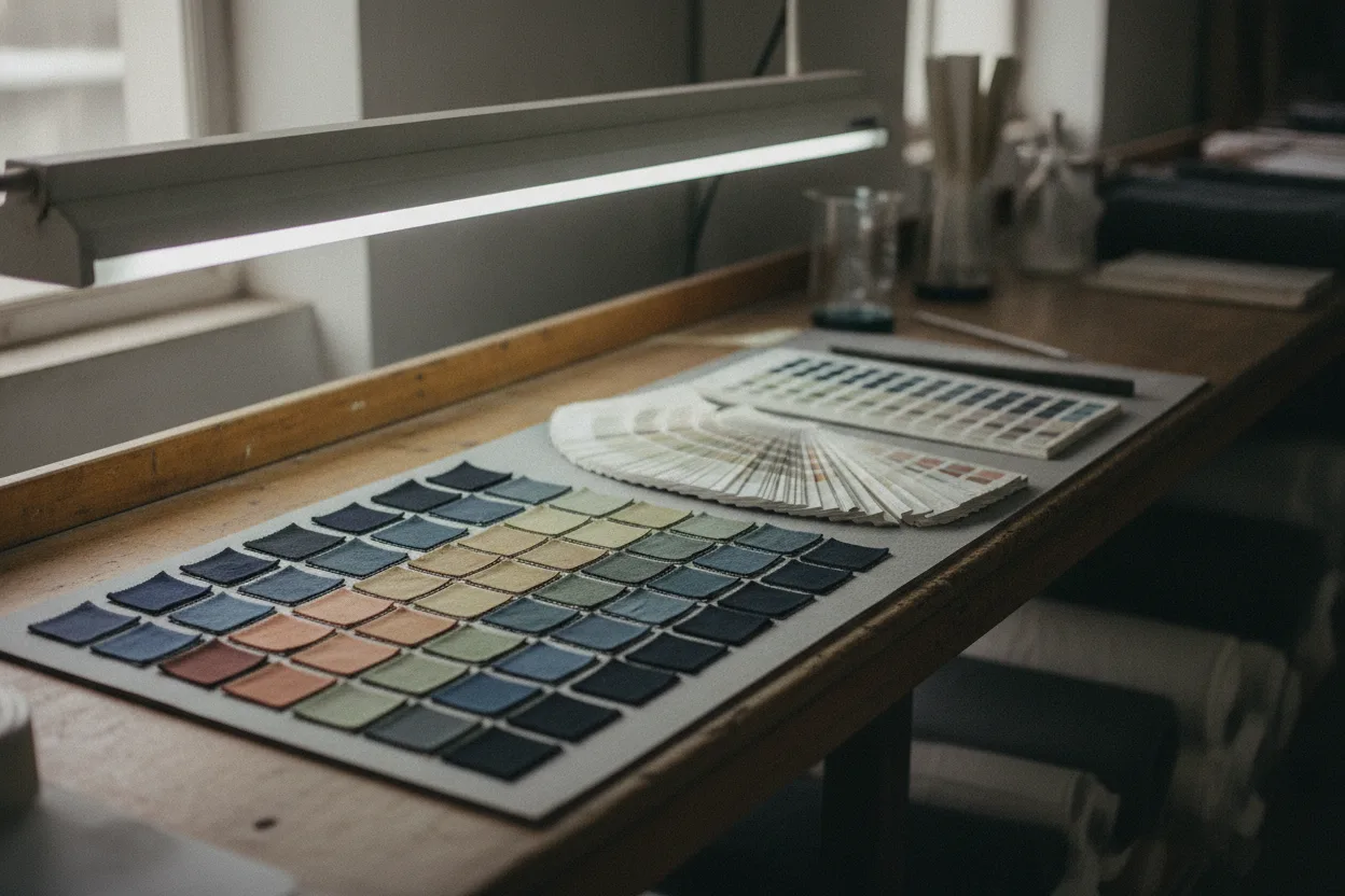 Lab dips pinned beside the Pantone reference chip