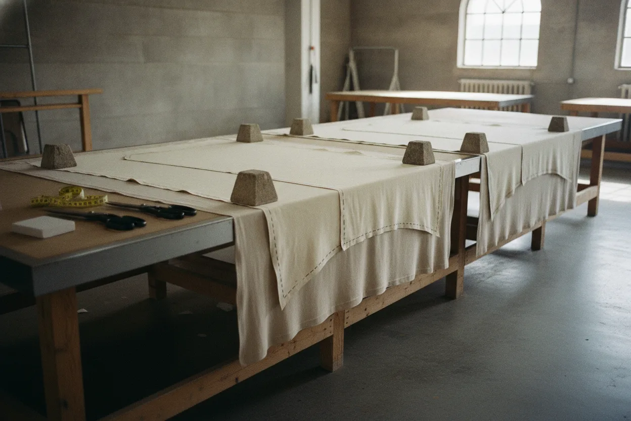 A long cutting table with cotton jersey spread flat, weighted paper pattern pieces, chalk and shears