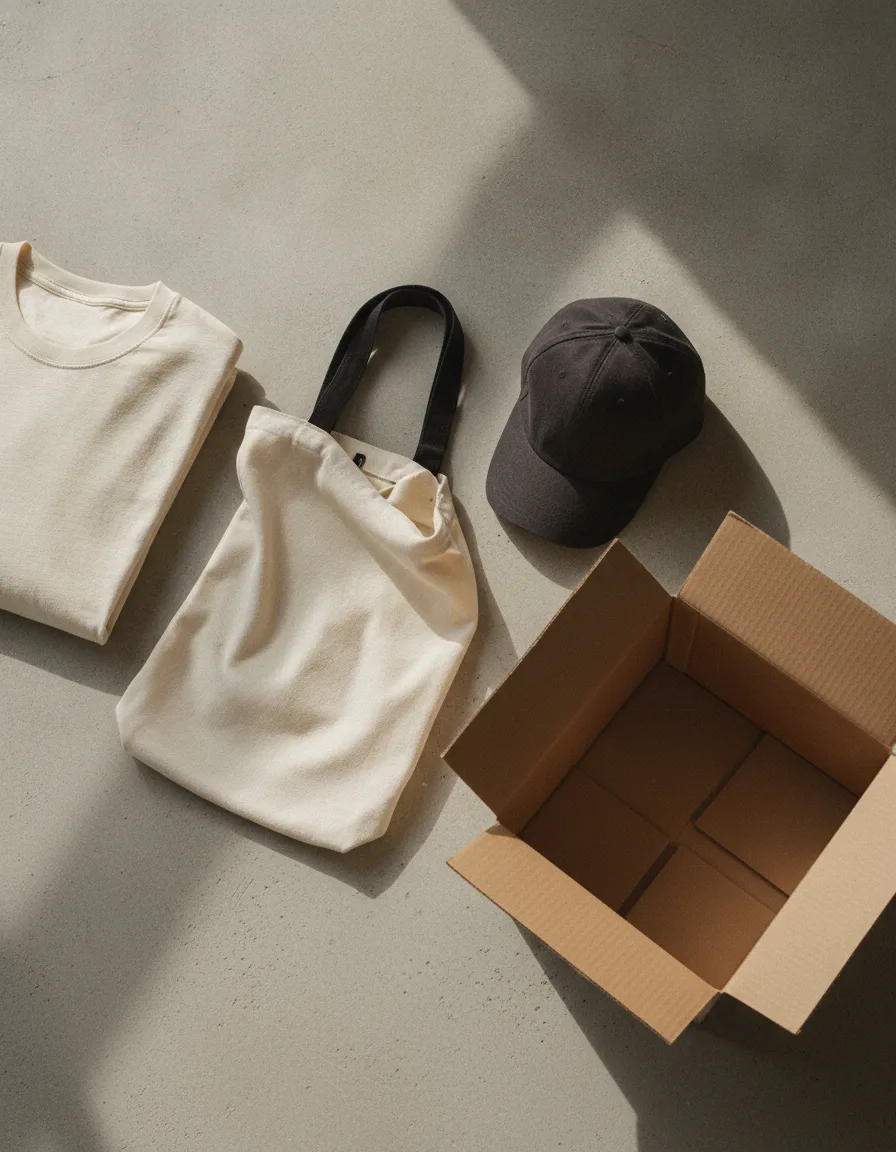 A folded cotton tee, canvas tote and cap in ecru and near-black beside an open cardboard box
