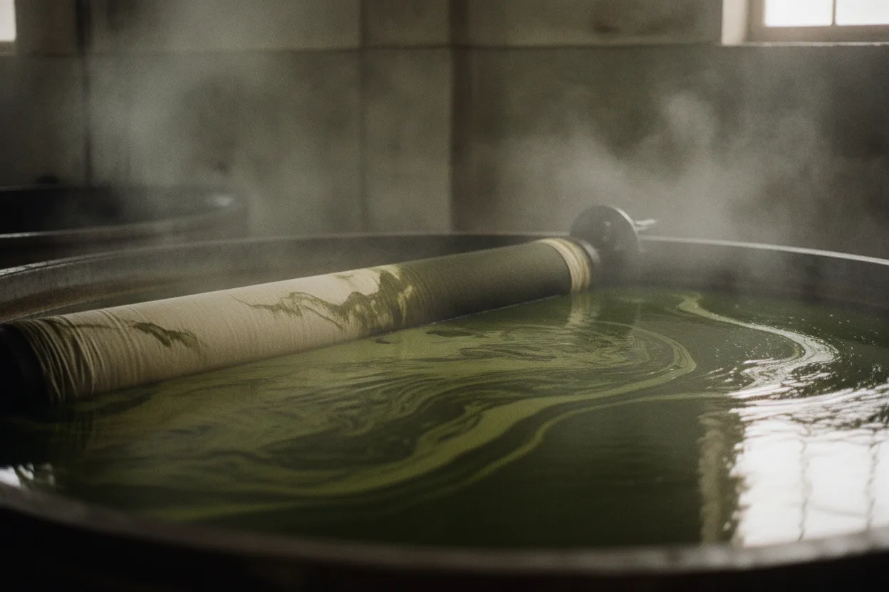 Olive dye liquor swirling in an industrial vat with cotton fabric submerged, steam rising off the surface