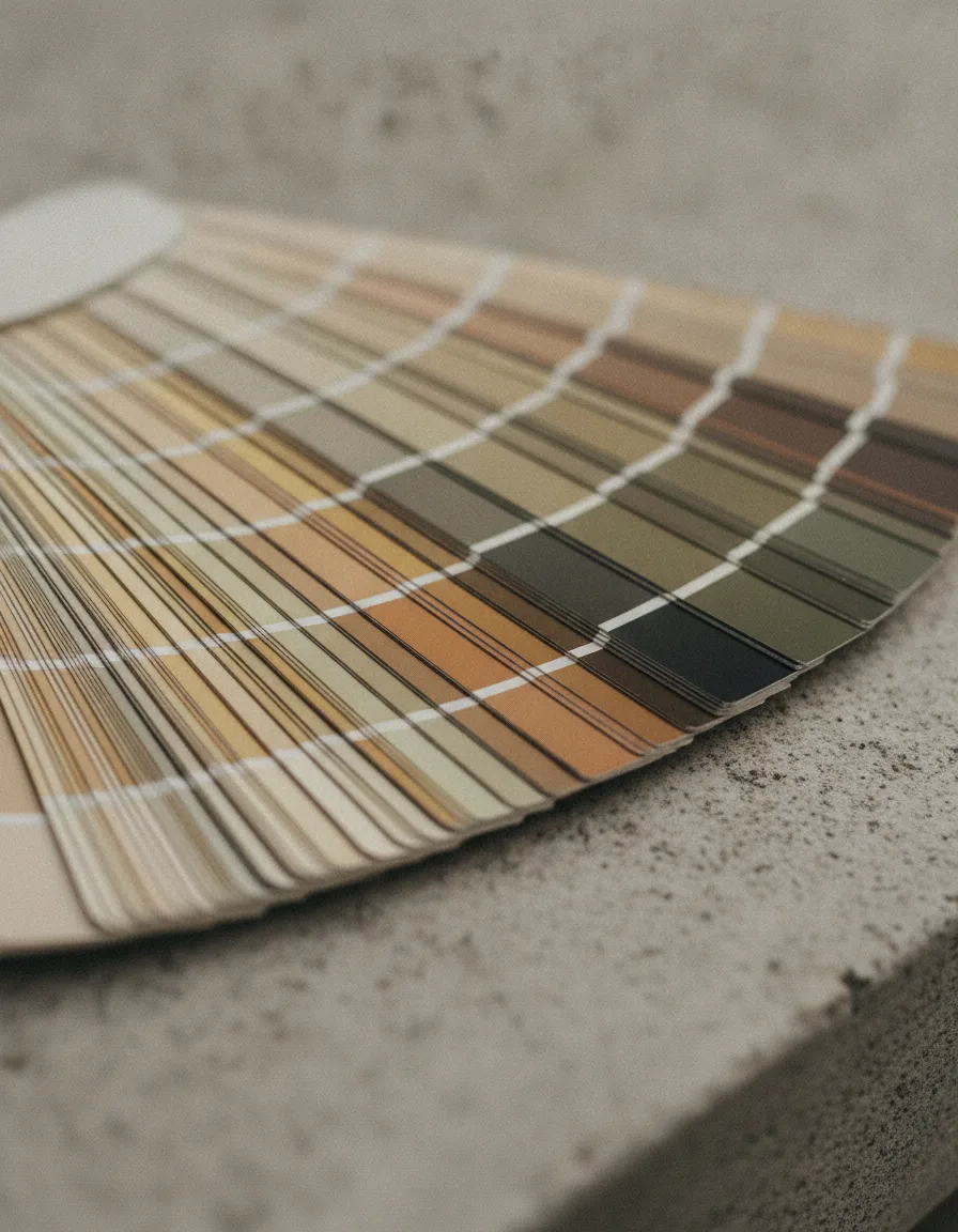 An open fan deck of hundreds of muted colour reference chips spread across a pale stone surface