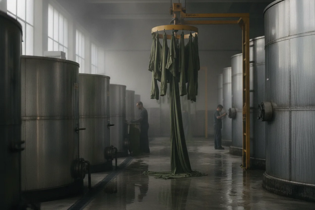 The Barcelos dye house: stainless steel dyeing vessels and wet olive cotton lifted on a hoist