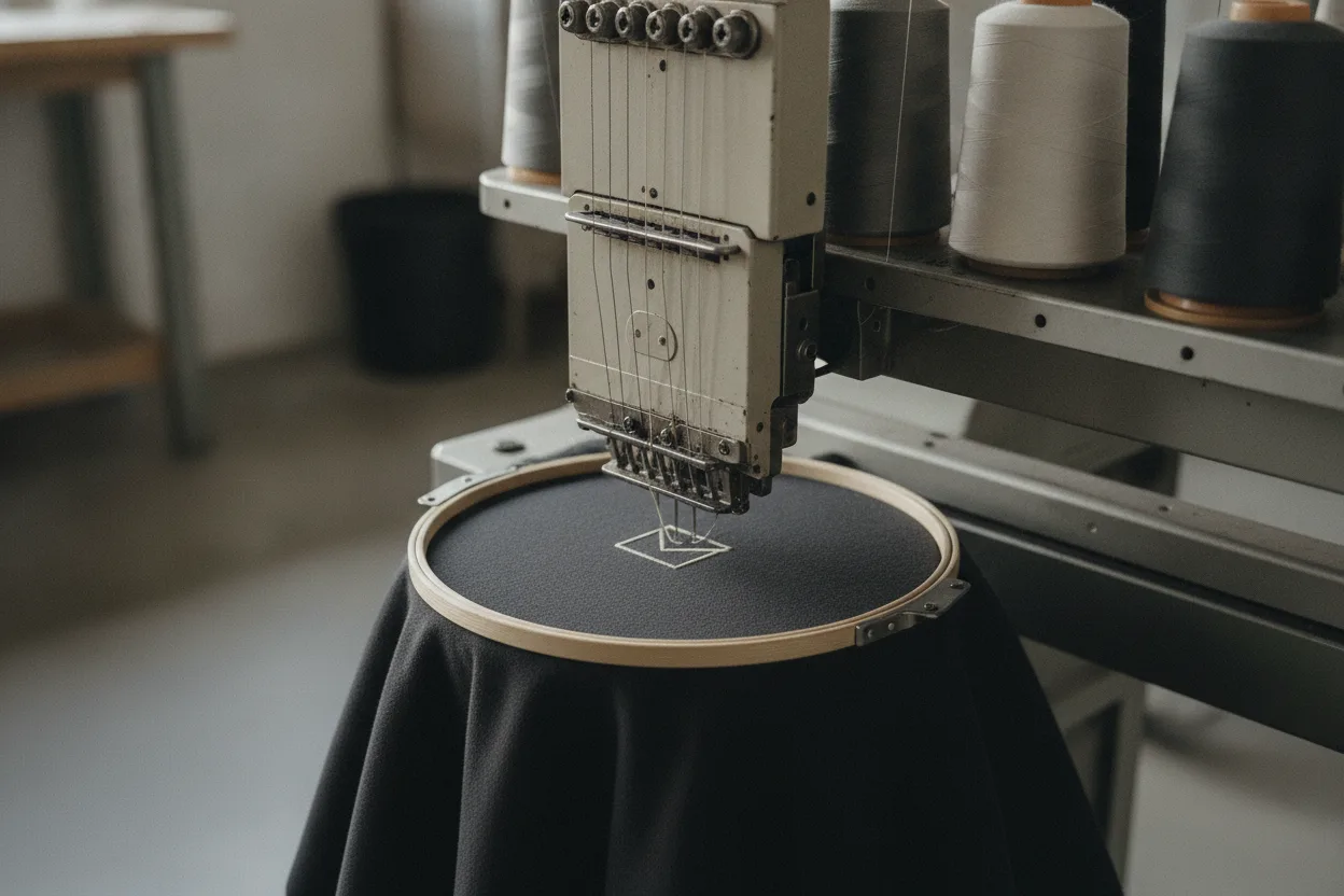 Embroidery head running a left-chest mark