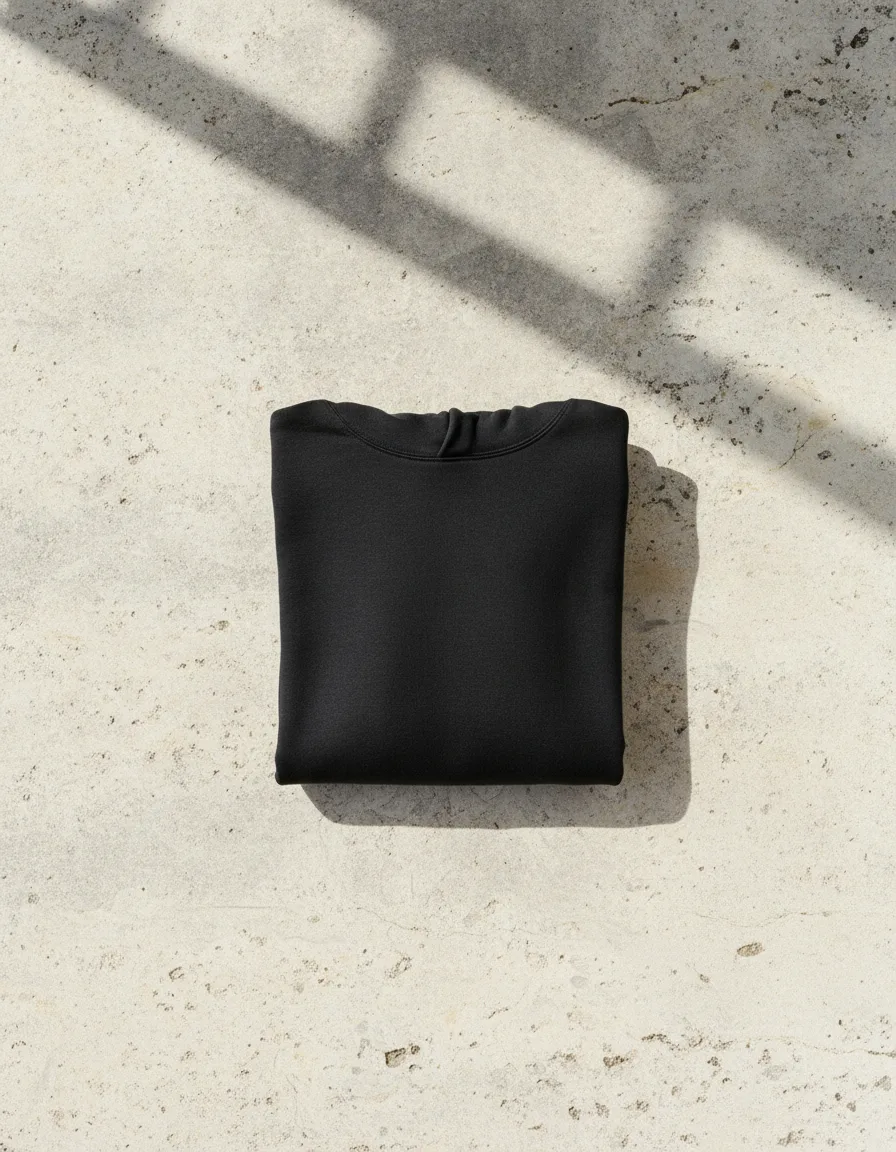 A heavyweight near-black cotton hoodie folded flat on a pale stone surface, no graphics