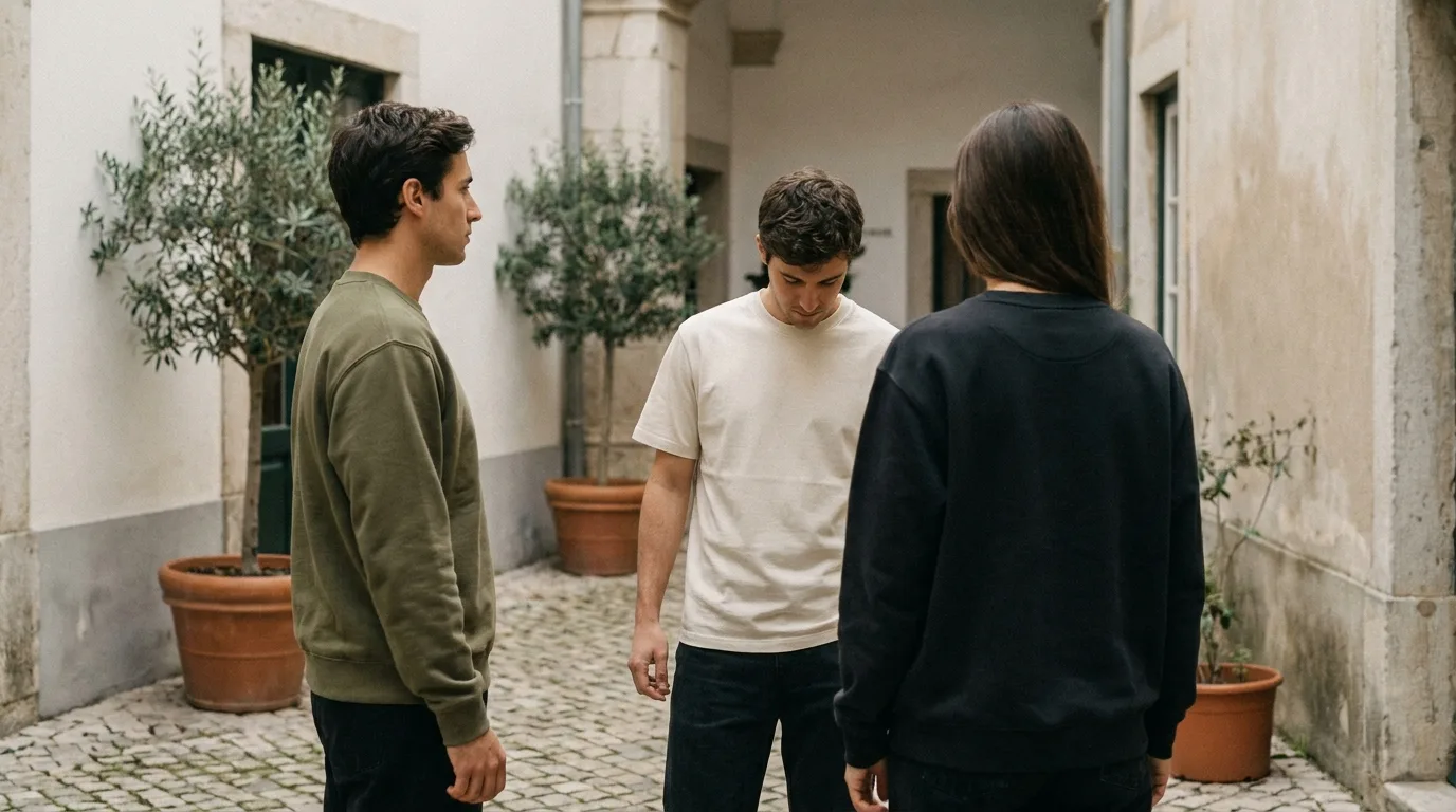 Three people in an atelier courtyard wearing plain heavyweight sweatshirts and tees in olive, ecru and near-black