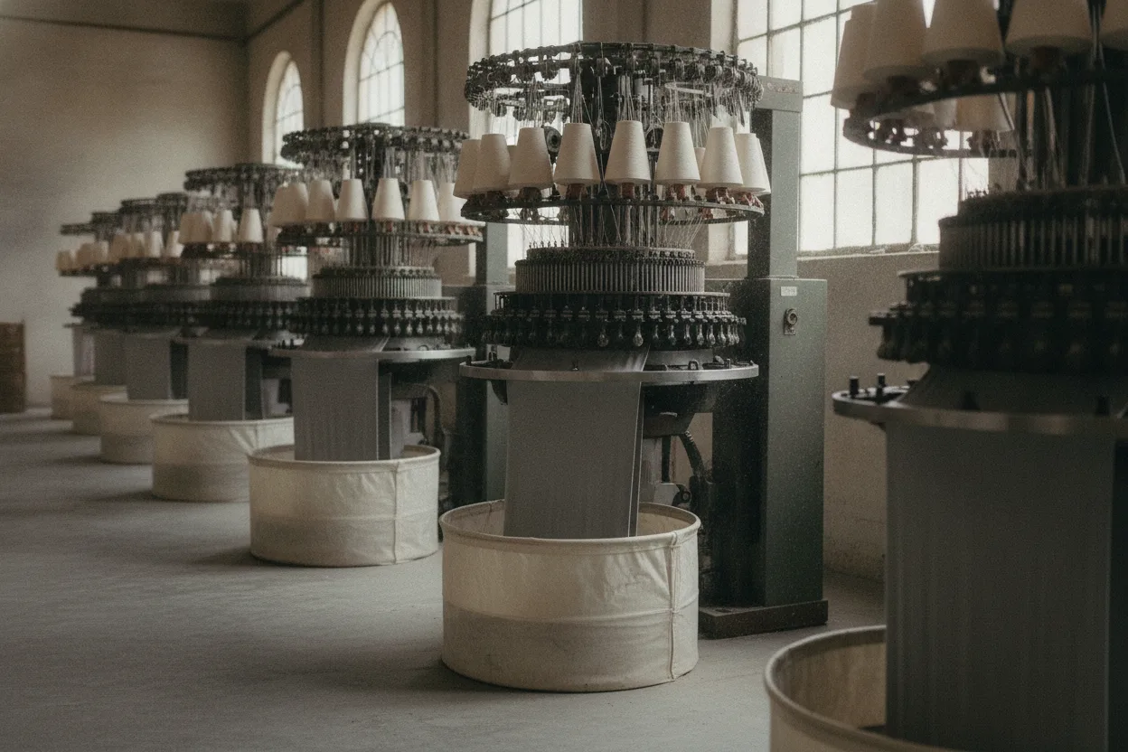 Circular knitting machines in Vila Nova de Famalicão, yarn cones feeding in and fresh jersey emerging
