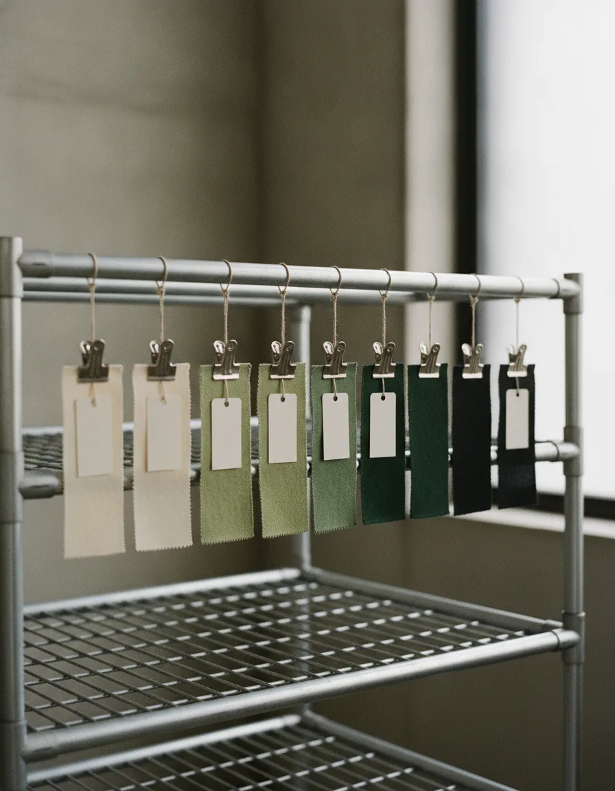 Dyed cotton lab dips in graduating olive and ecru tones clipped to a drying rack in Barcelos