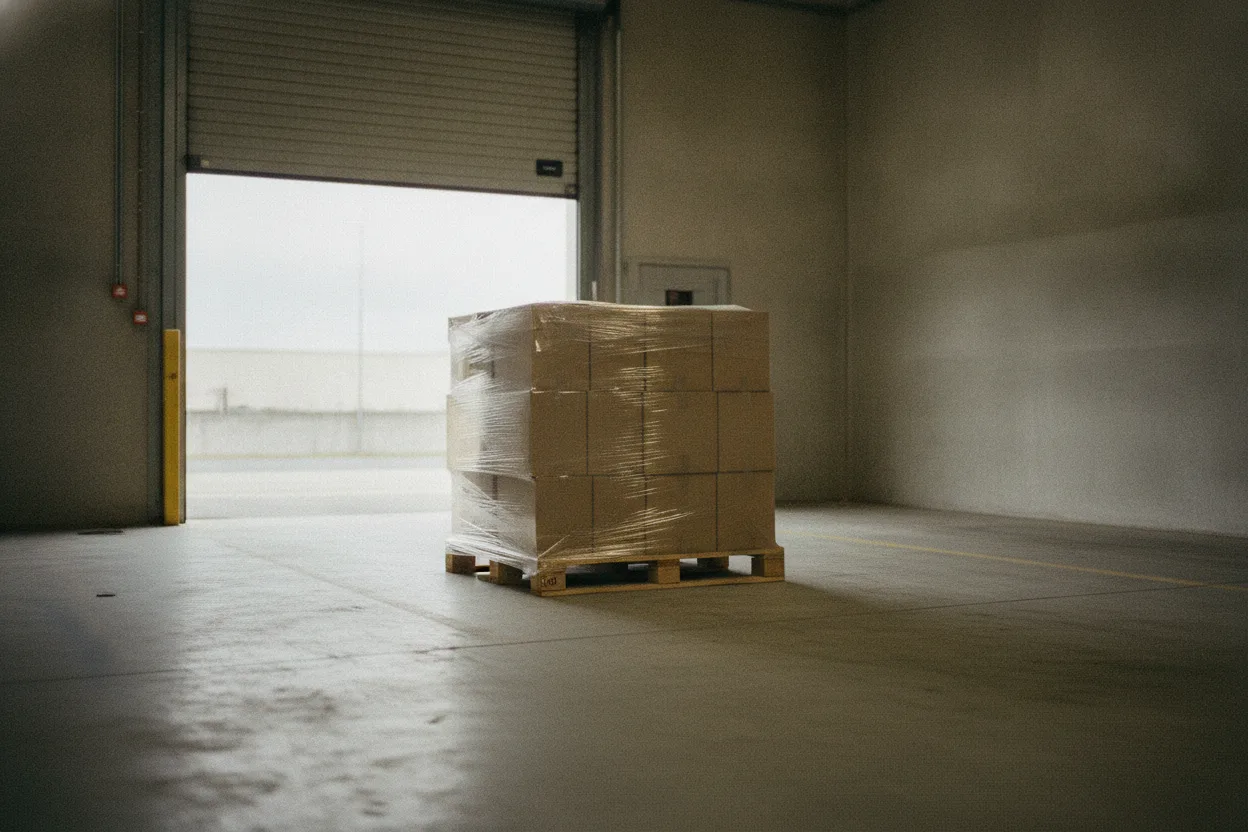 A shrink-wrapped pallet of cartons on the Porto loading bay, roller shutter open to overcast daylight