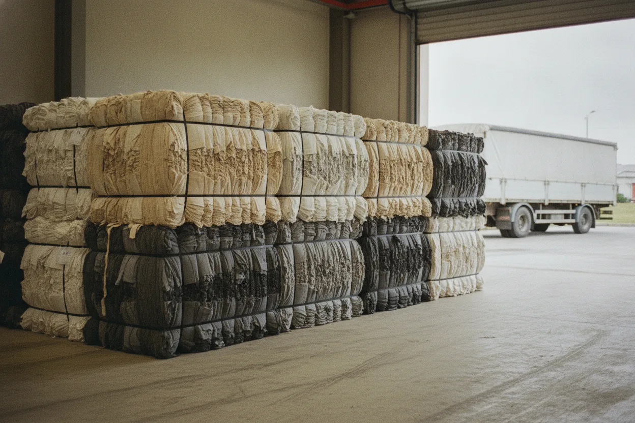 Compressed bales of mixed cotton offcuts strapped and stacked by a roller shutter, waiting for collection