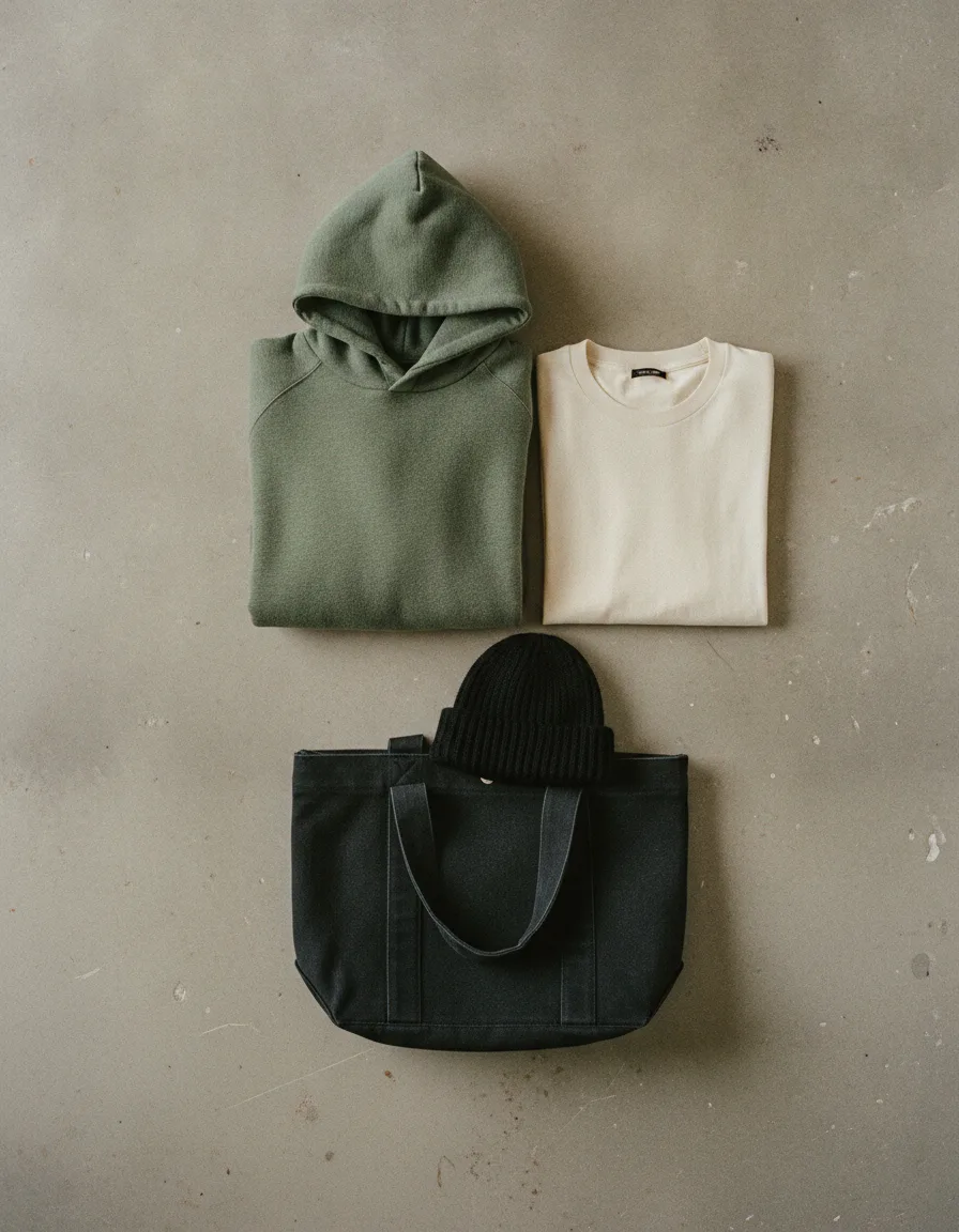 A folded hoodie, tee, canvas tote and knitted beanie in olive, ecru and near-black, laid out flat