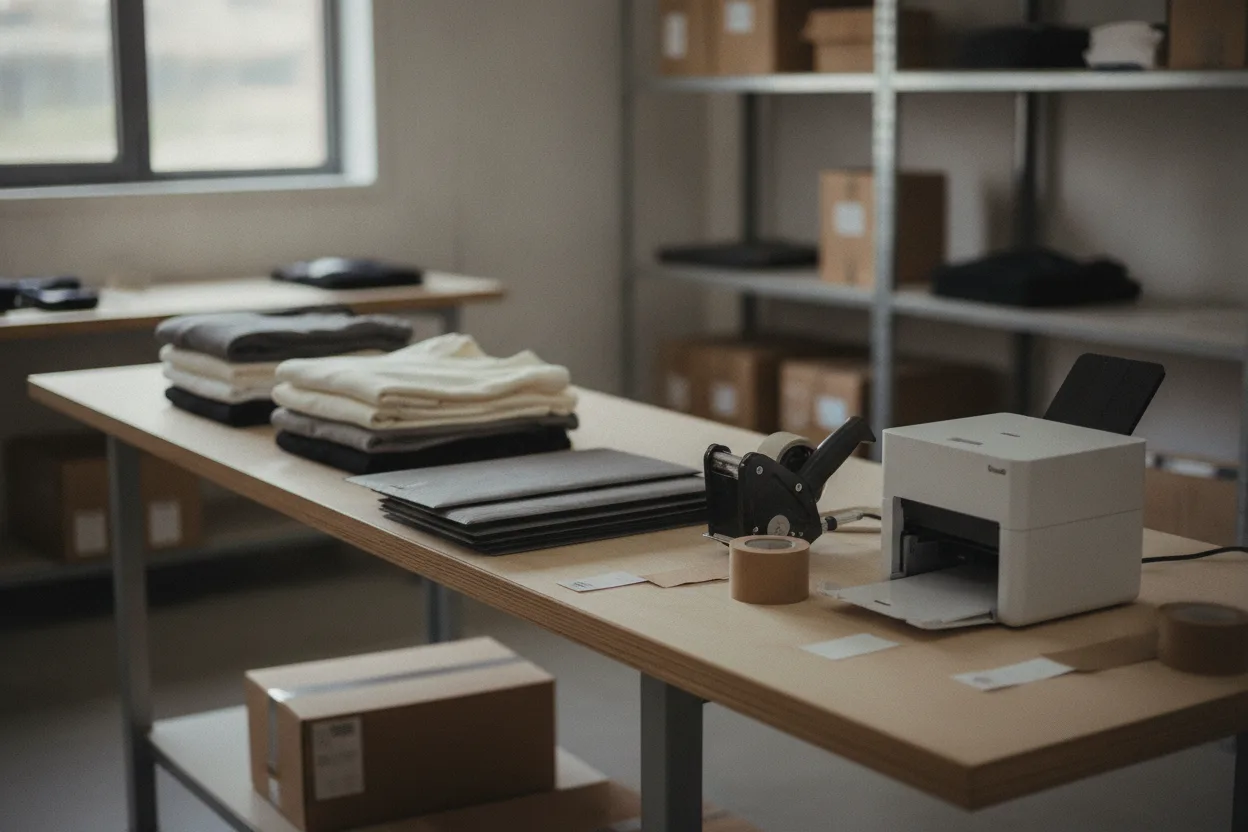The pick and pack bench in the Porto warehouse: folded garments, flat mailers, tape gun and label printer