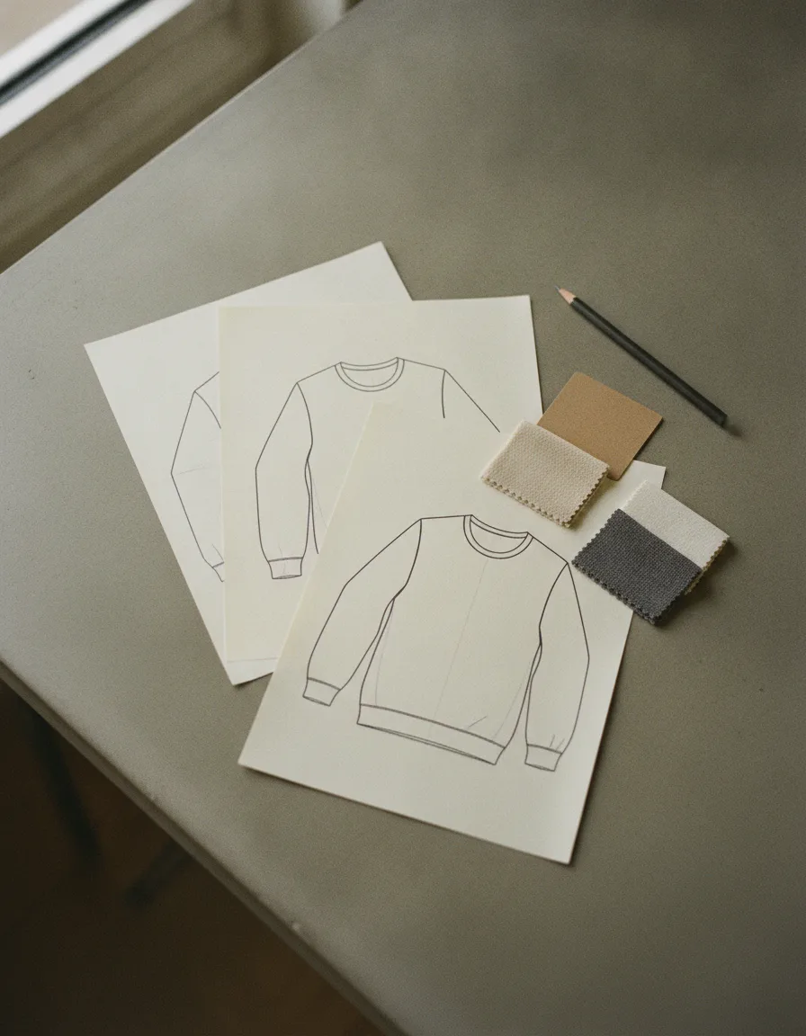 A flat lay of printed technical drawings of a sweatshirt with fabric swatches, a colour chip and a pencil