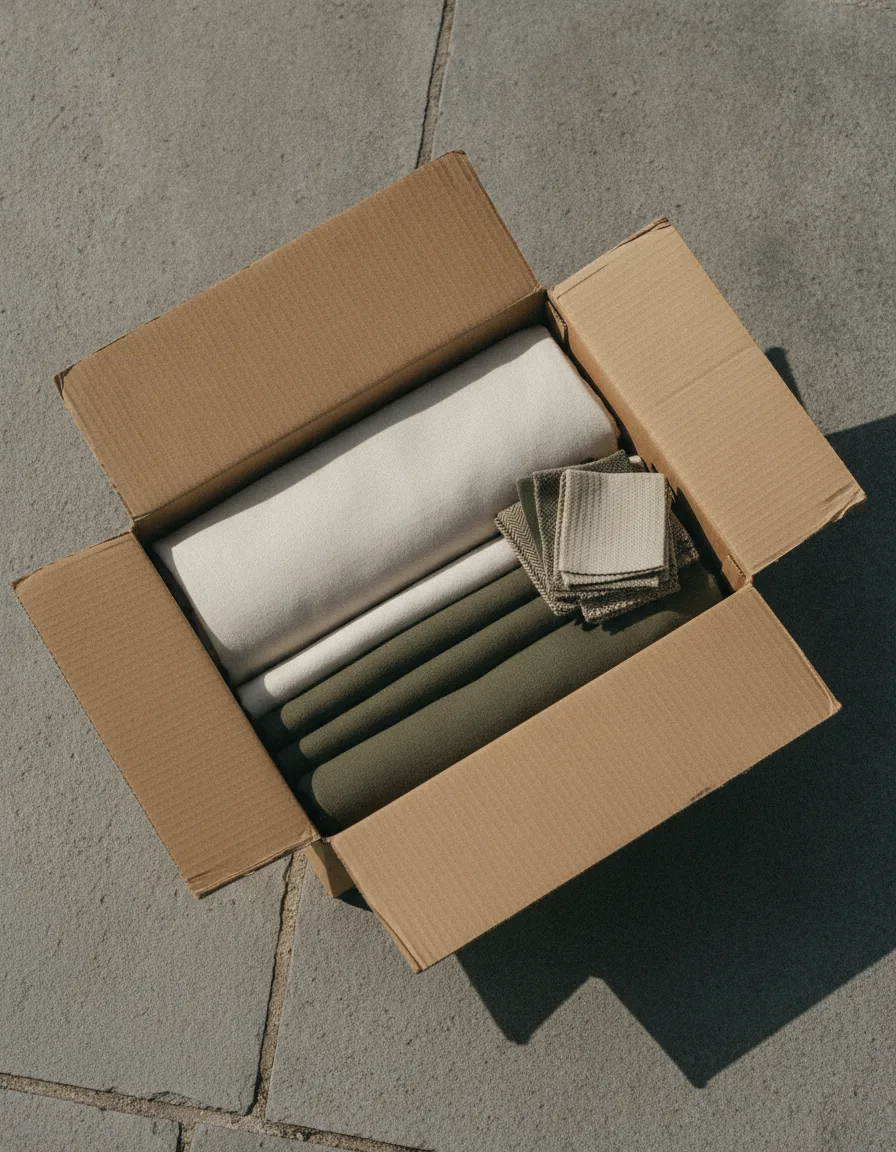 An open cardboard box holding folded cotton blanks in ecru and olive with a stack of fabric swatches