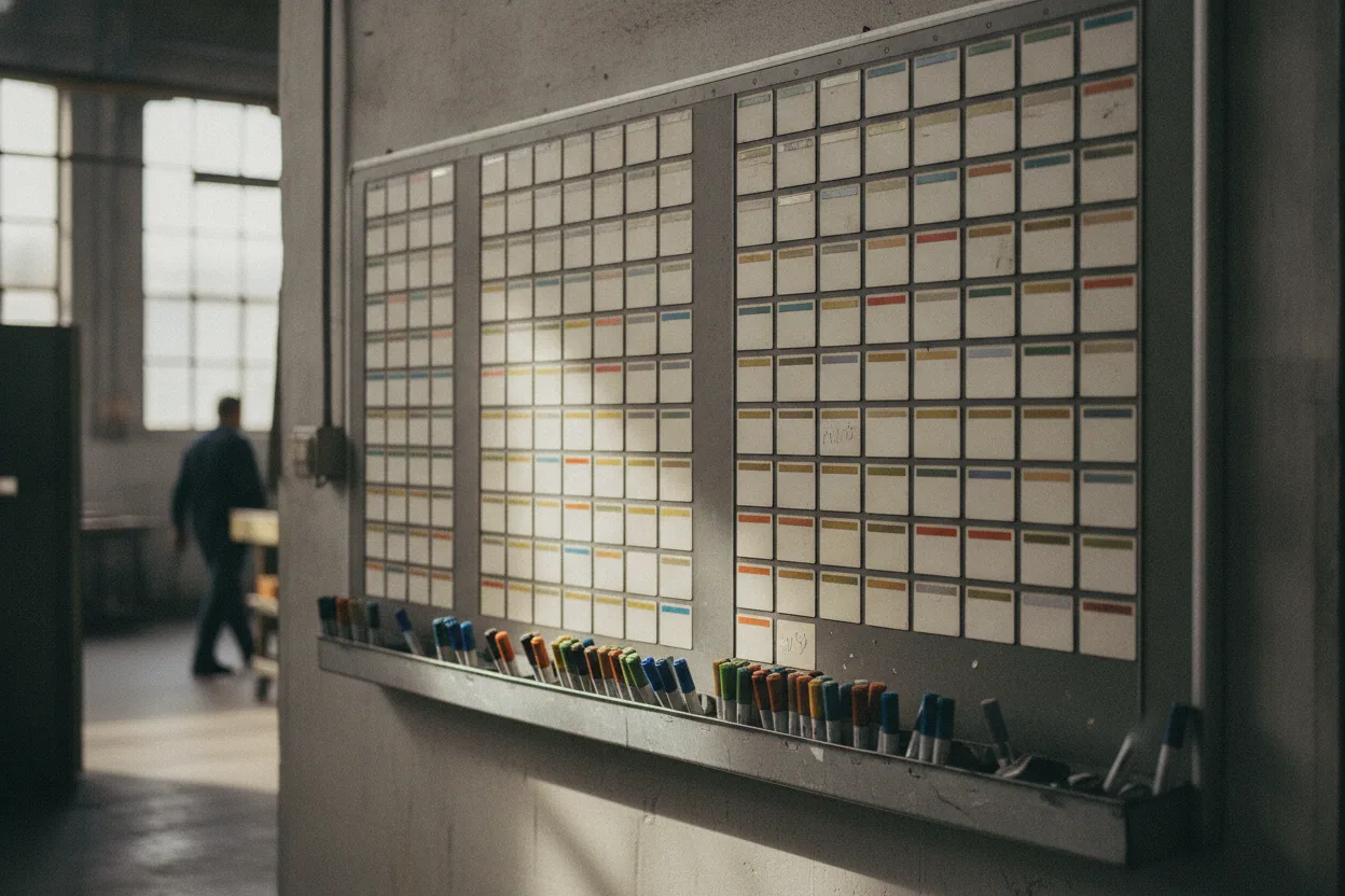 A large planning board on a factory wall, rows of blank magnetic cards and coloured markers