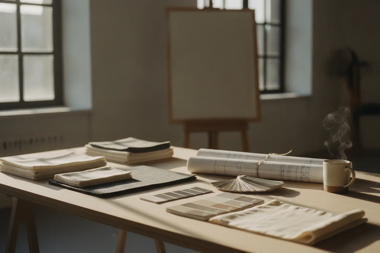 The Porto studio: fabric swatches, colour chips and rolled technical drawings on a working desk