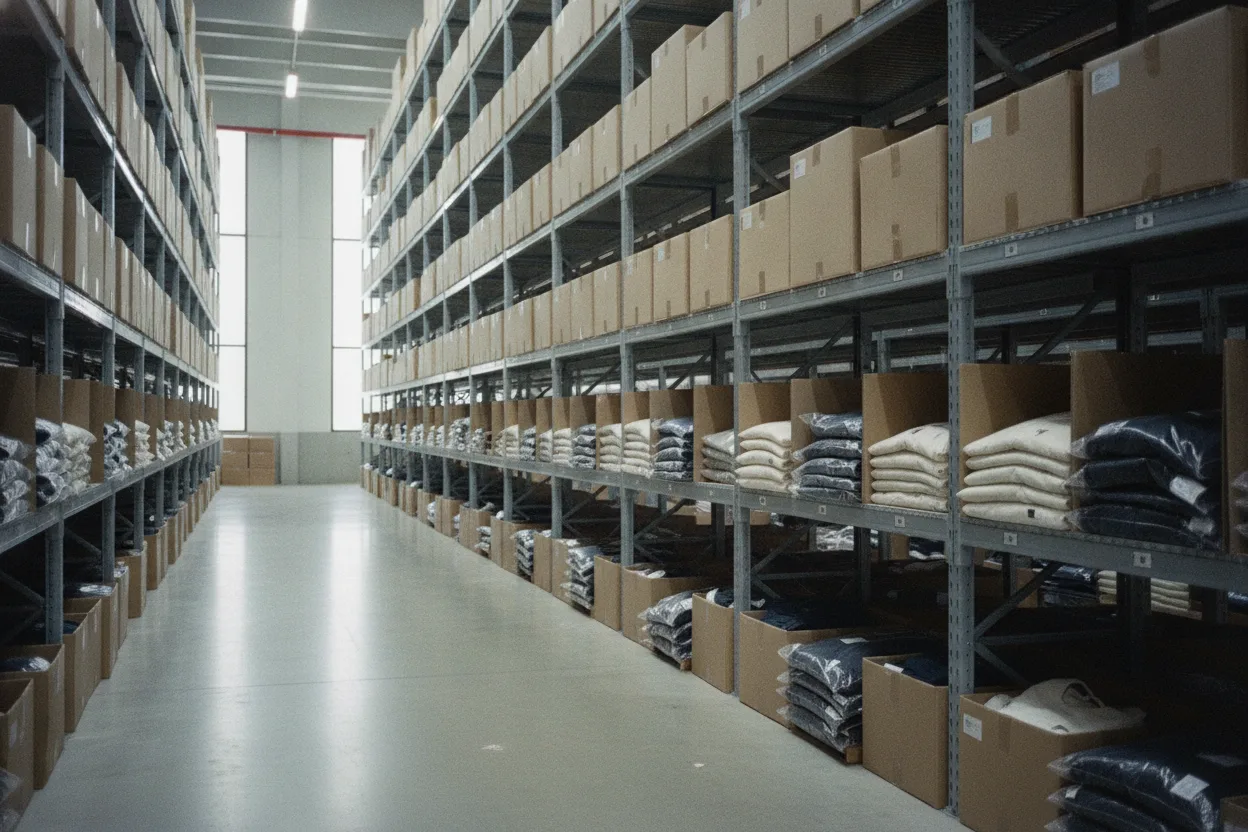Warehouse racking filled with stacked cartons and folded garments in clear polybags